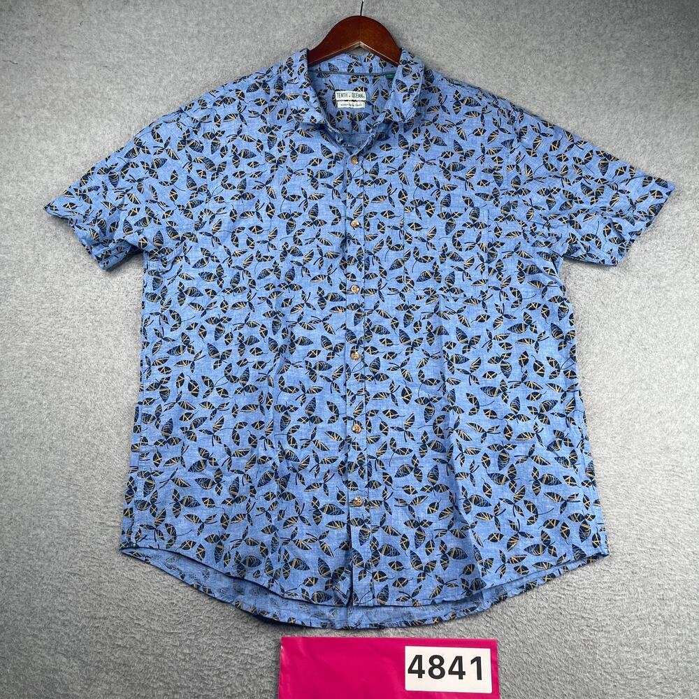 Tenth + Ocean Washable Linen Shirt Blue Leaf Print Button Up Short Sleeve 2XL